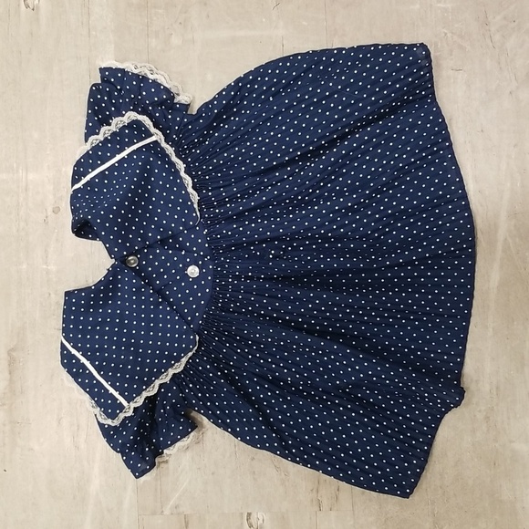 💕H.R.H.💕 Vintage Navy Blue Polka Dot Dress Lace Trim ~ 18 Months - Picture 2 of 10